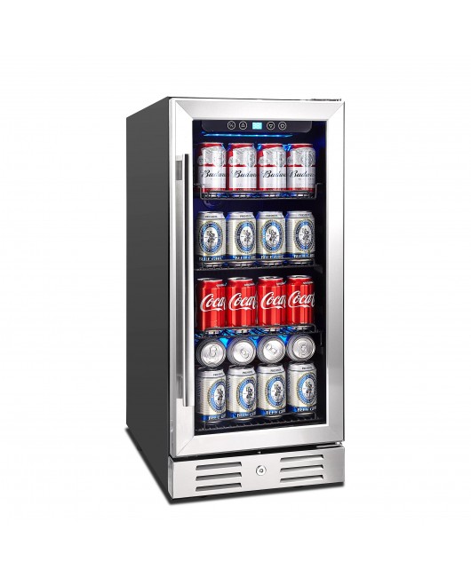 Kalamera 15 Inch Beverage Cooler and Kalamera Refrigerator Under Counter Built-in or Freestanding - 96 Cans Capacity Mini Fridge- for Soda, Water, Beer or Wine - For Kitchen or Bar with Blue Interior Light